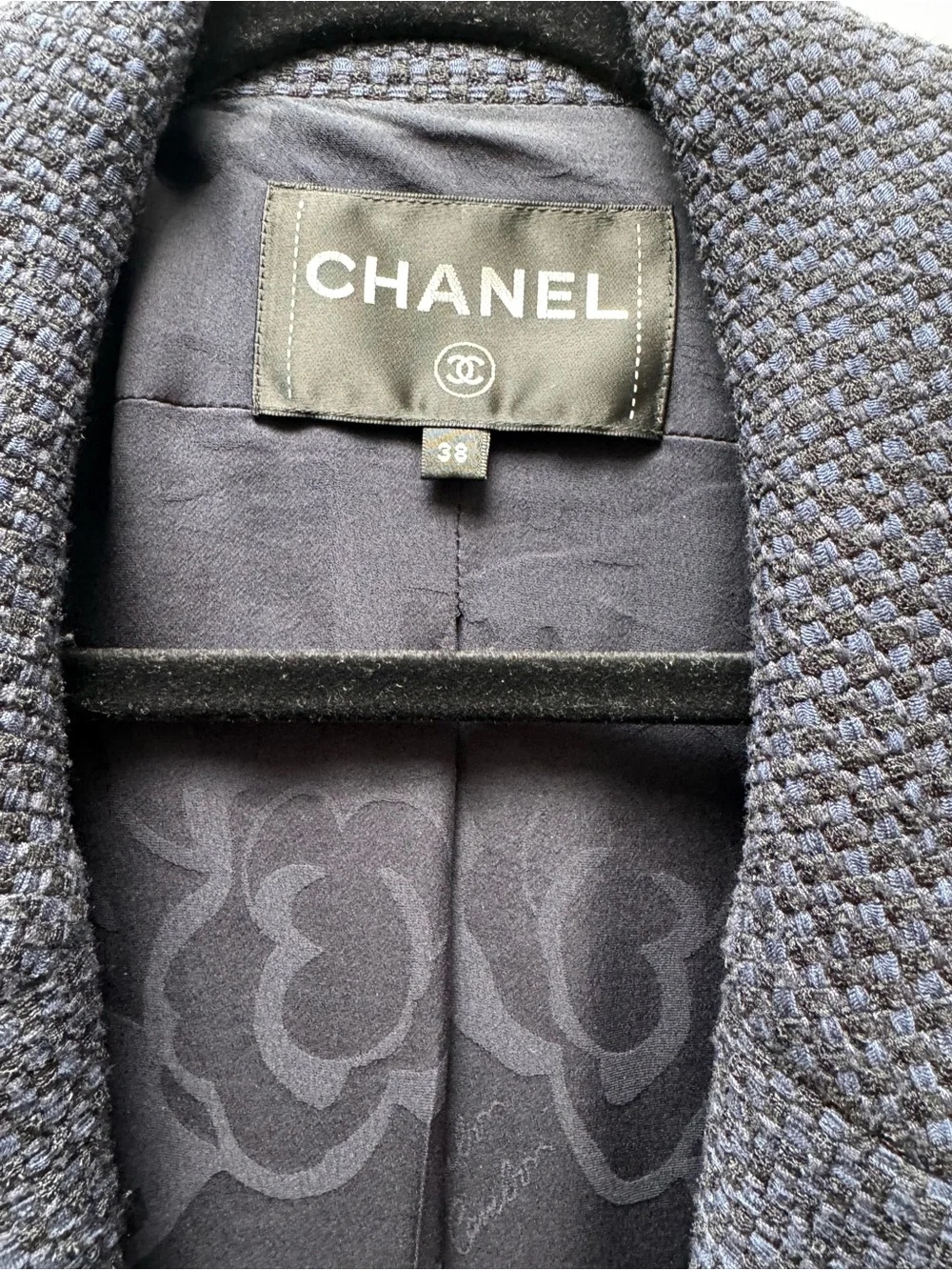 CHANEL Navy Textured Tweed Blazer Jacket CC Logo Buttons FR 38 US 6